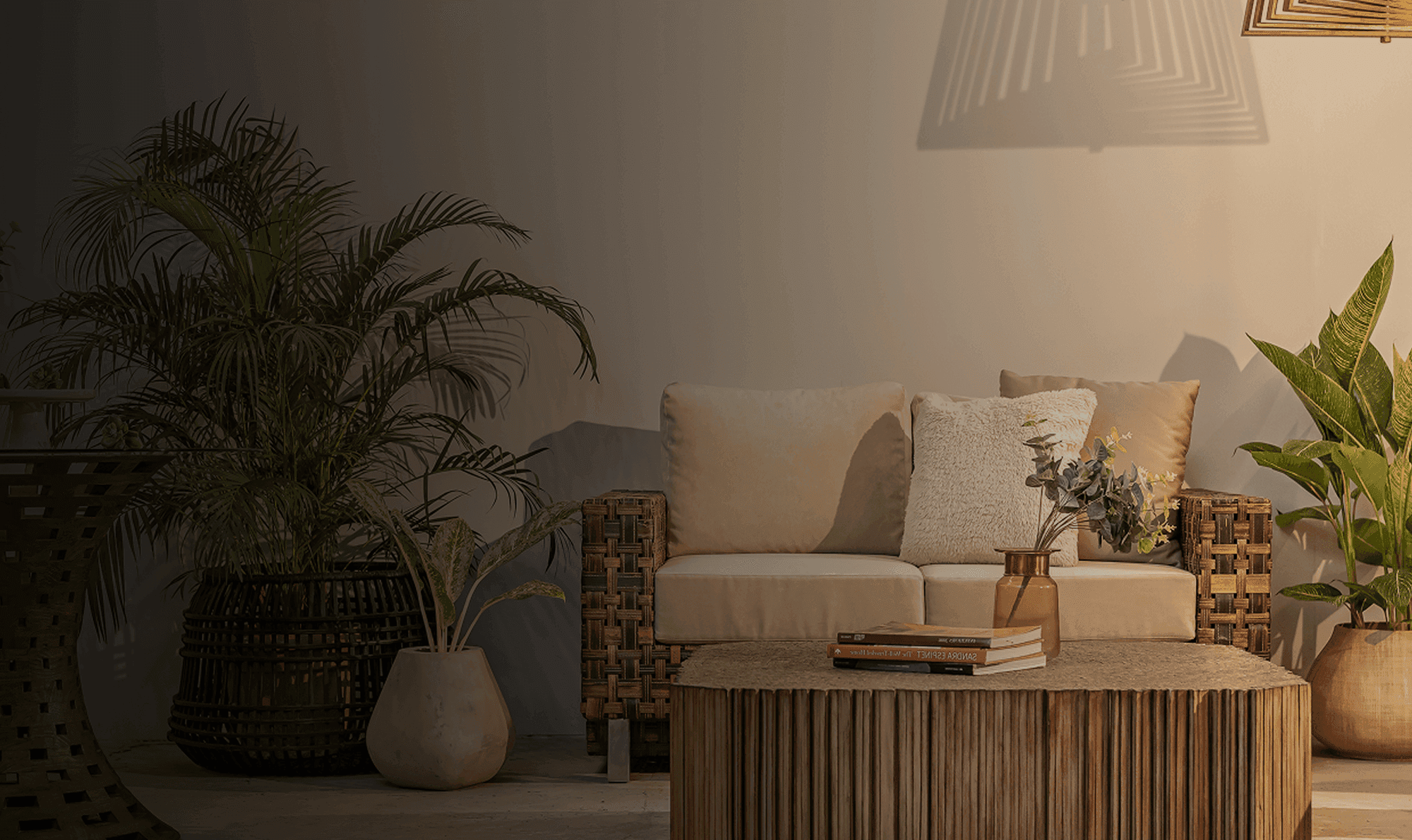 A Vito Selma living space — rattan sofa and sculptural furniture