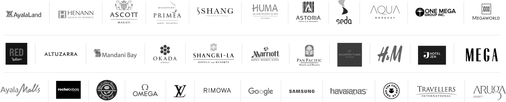 Logos of partner brands including Ayala Land, Shangri-La, Marriott, H&M, Google, Samsung, Louis Vuitton, and more