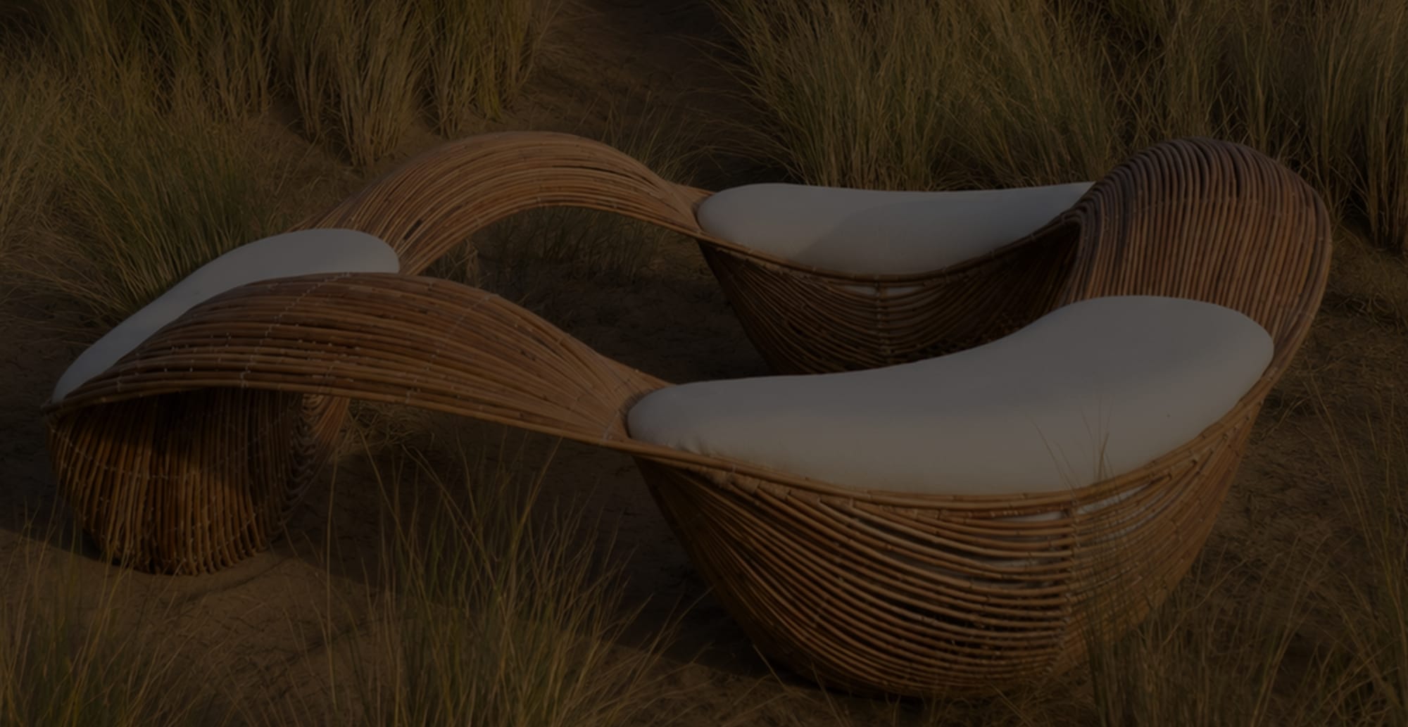 Sculptural woven rattan lounge chairs with pale cushions set among coastal dune grass at dusk